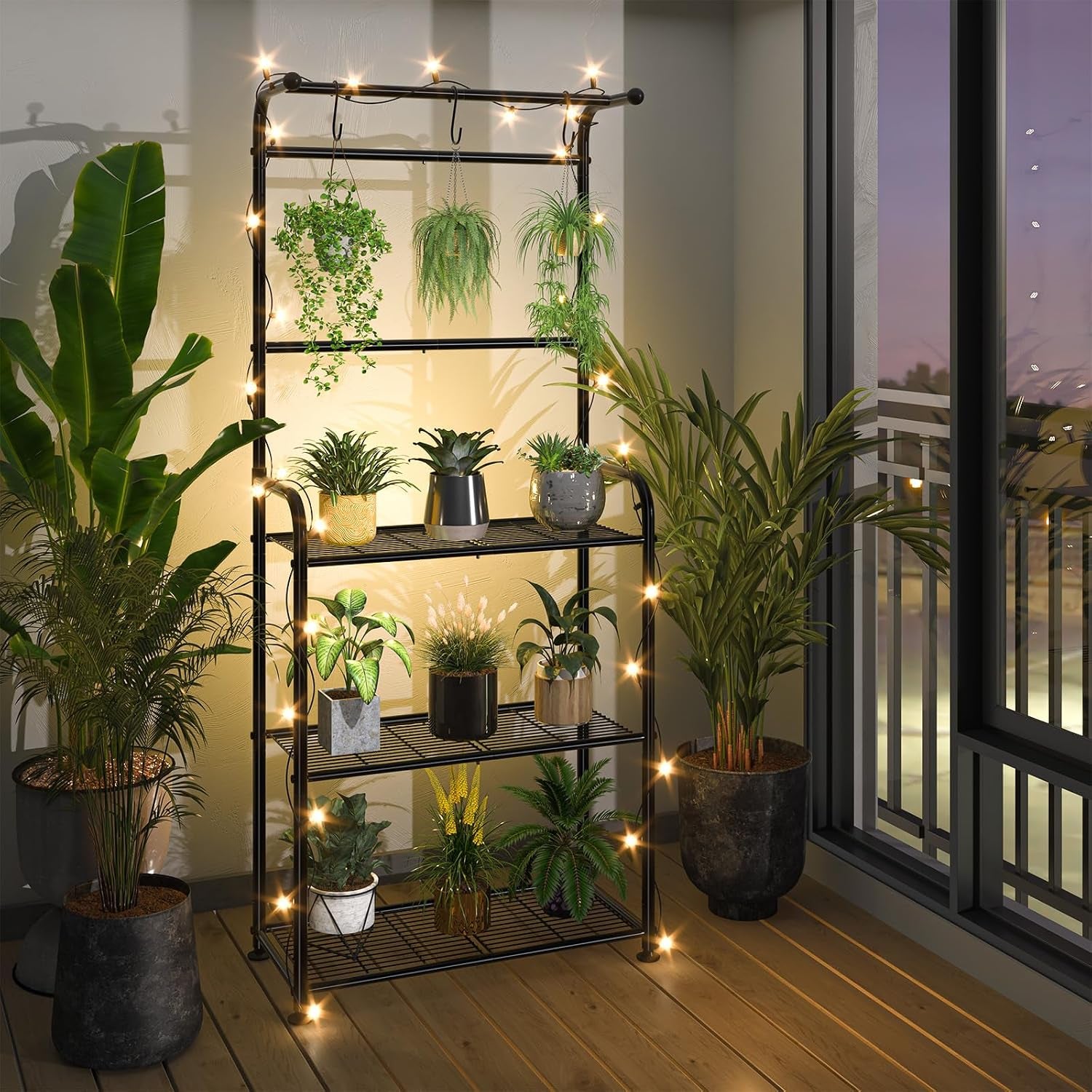 Plant Stands Outdoor with Hooks, Metal Tall Plant Shelves Indoor for Hanging Planter, Black