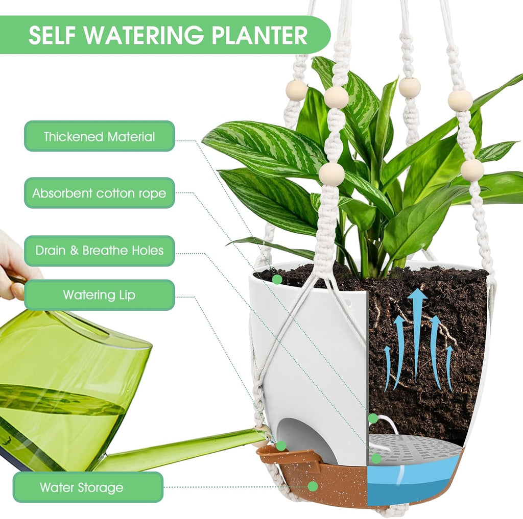 8'' Self Watering Hanging Planters with 2 Kinds of Plant Hangers,2 Pack | Hanging Planters for Indoor Outdoor Plants, Drainage Holes, Removable Tray, Hanging Basket for Home Garden