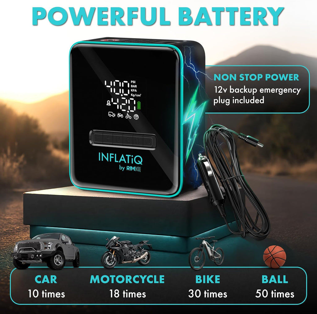 Inflatiq by  Portable Tire Inflator Air Compressor – Twice as Fast Qwikflow Technology with Auto Shut-Off – 11.1V Rechargeable Air Pump with Metal Gears and Premium Carry Case