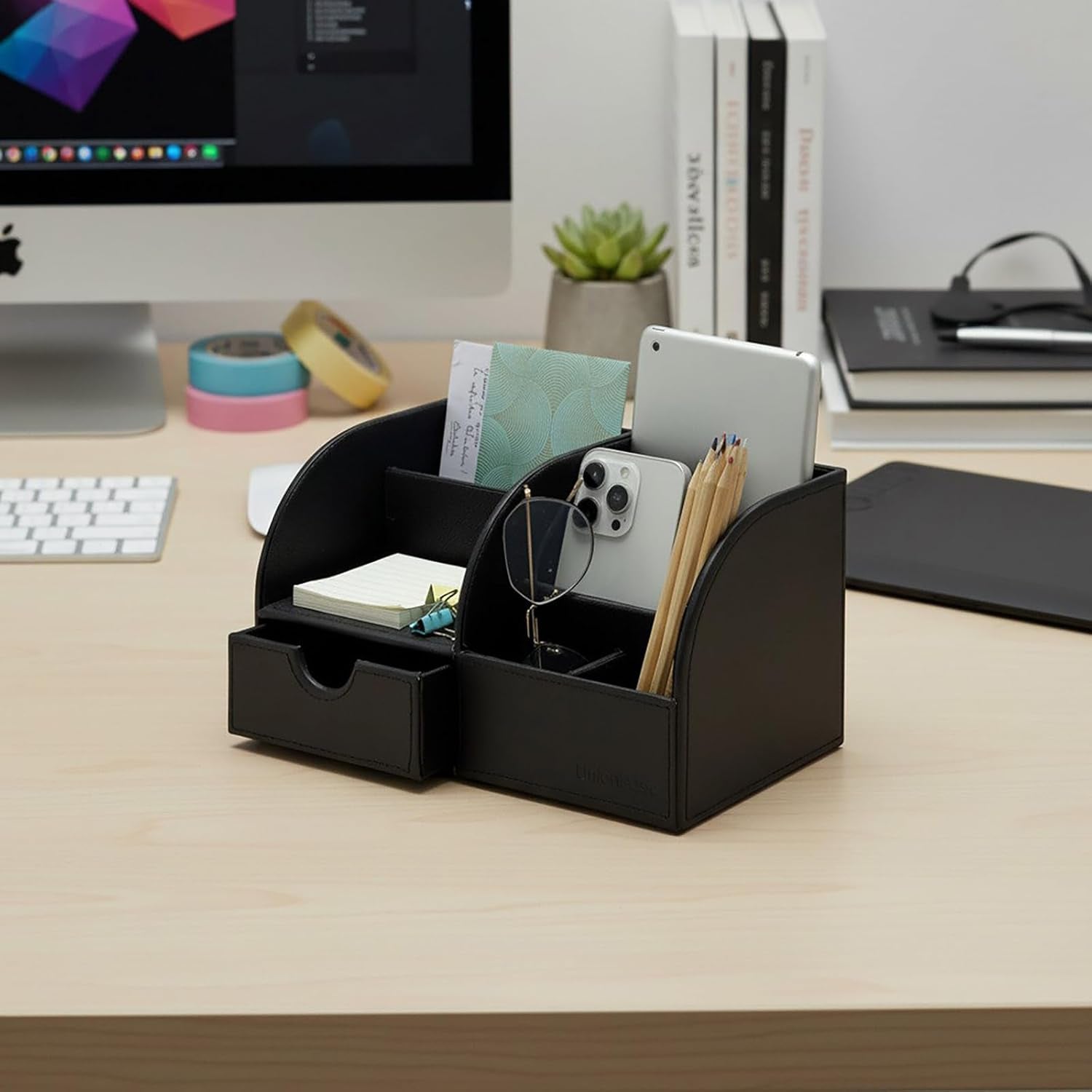Desk Organizer - Multifunctional Leather Desktop Pen Holder Storage Box - Business Card/Pen/Pencil/Mobile Phone/Stationery Holder, Black
