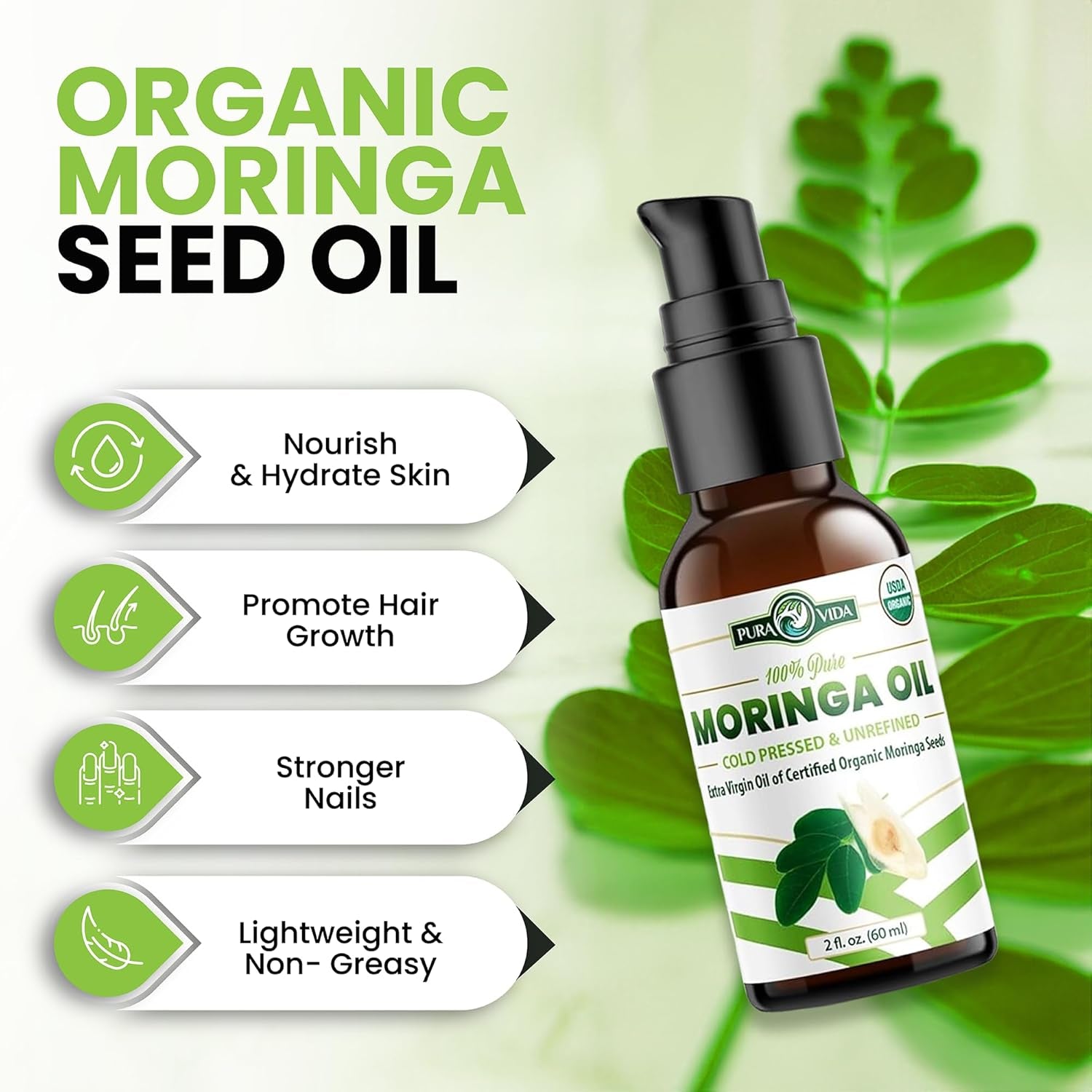 USDA Organic Moringa Seed Oil: 100% Pure, Cold Pressed, Unrefined Moringa Oleifera Seed Oil. 2 Oz Bottle with Treatment Pump. for Skin and Hair - Food Grade for Oral Consumption