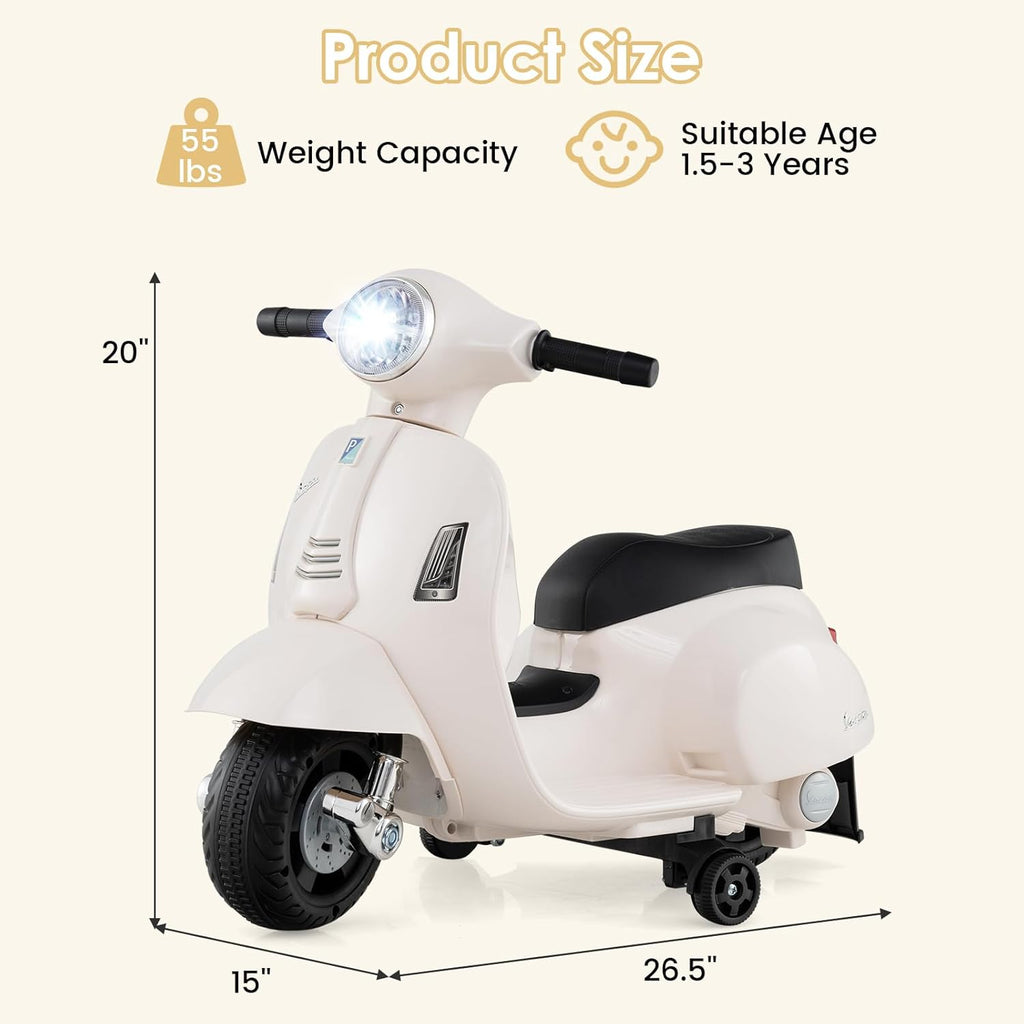 Licensed Vespa Scooter Kids Motorcycle by , 6V Ride on Electric Motorcycle with Training Wheels, Headlight, Battery Powered 3 Wheels Toy Gift with LED Headlight Horn for Boys Girls (White)