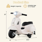 Licensed Vespa Scooter Kids Motorcycle by , 6V Ride on Electric Motorcycle with Training Wheels, Headlight, Battery Powered 3 Wheels Toy Gift with LED Headlight Horn for Boys Girls (White)