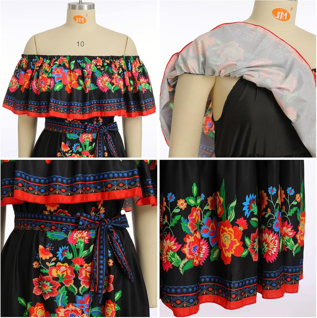 Women Mexican Dress off Shoulder Floral Long Maxi Dress Summer Beach Party Cinco De Mayo Dresses with Belt