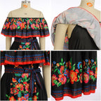 Women Mexican Dress off Shoulder Floral Long Maxi Dress Summer Beach Party Cinco De Mayo Dresses with Belt