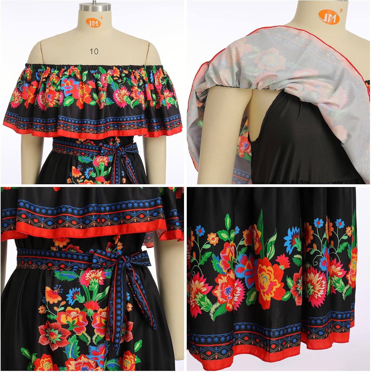 Women Mexican Dress off Shoulder Floral Long Maxi Dress Summer Beach Party Cinco De Mayo Dresses with Belt