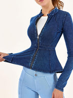 Casual Denim Peplum Jacket for Women Long Sleeve Zip Front Athletic Workout Ruffle Blazer Coats