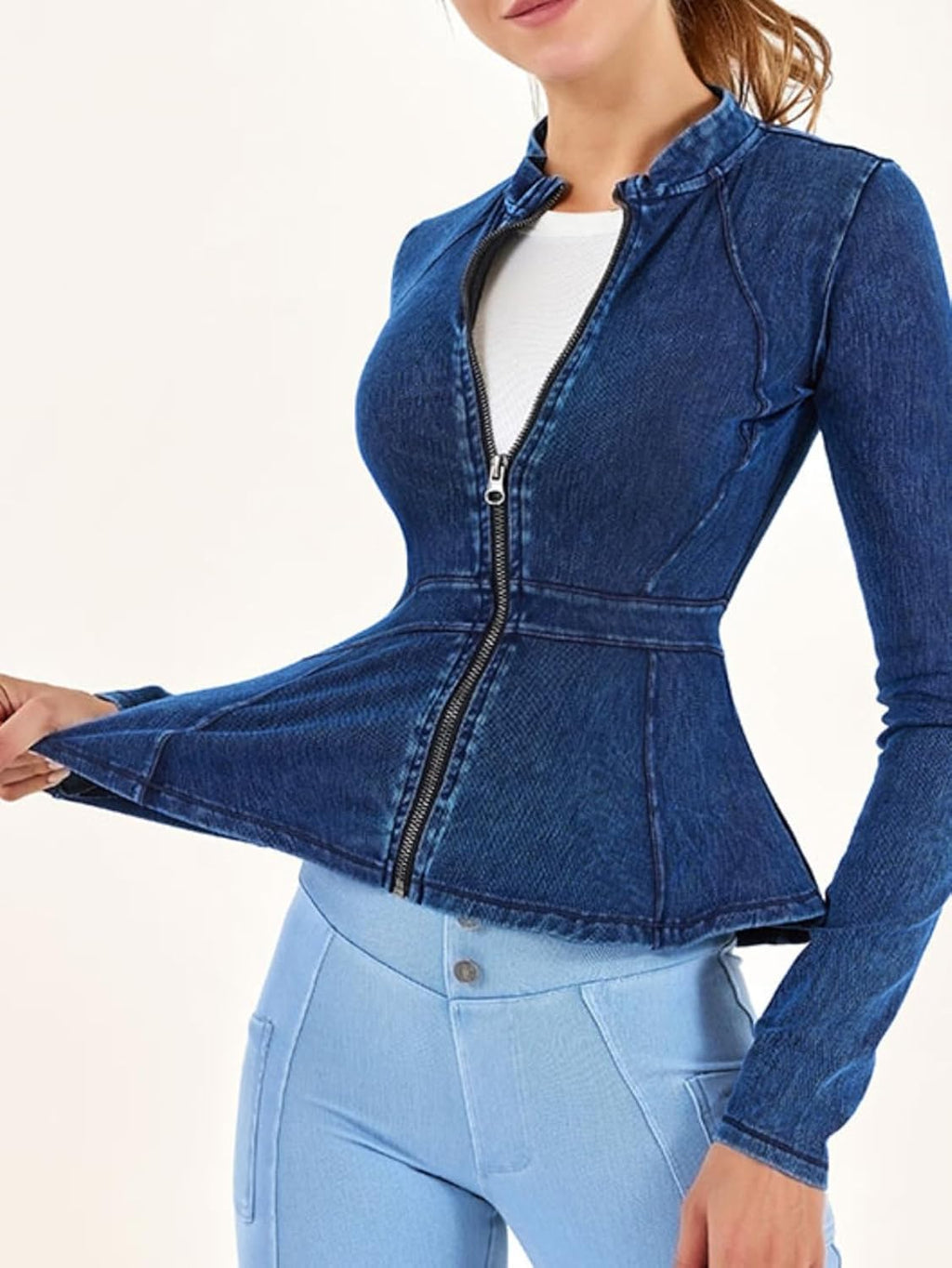 Casual Denim Peplum Jacket for Women Long Sleeve Zip Front Athletic Workout Ruffle Blazer Coats