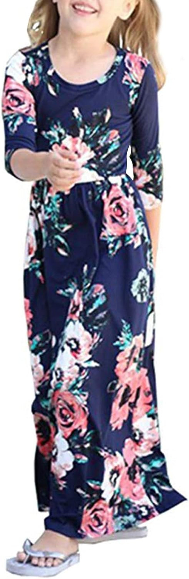 Girls Maxi Dress Floral 3/4 Long Sleeve Dresses with Pockets for Girls 6-12 Years