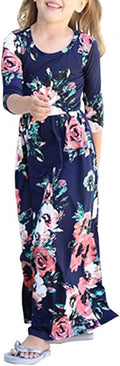 Girls Maxi Dress Floral 3/4 Long Sleeve Dresses with Pockets for Girls 6-12 Years