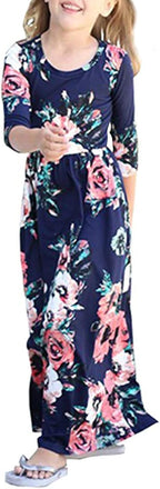Girls Maxi Dress Floral 3/4 Long Sleeve Dresses with Pockets for Girls 6-12 Years