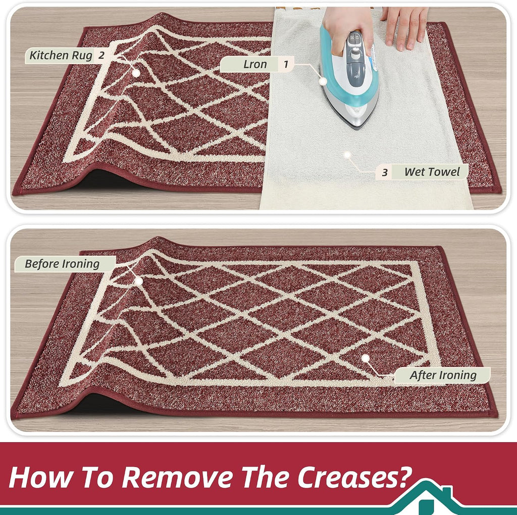 Kitchen Rugs Non Slip Washable Kitchen Mat, Red, 32X48In | Washable Easy Care Kitchen Rug, Absorbent Kitchen Mats for Floor, Stain Resistant Durable Rugs for Kitchen