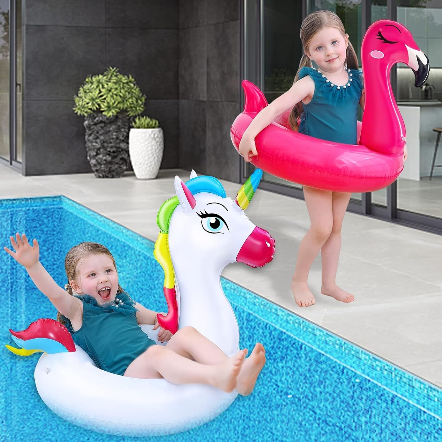 2 Pack Inflatable Flamingo Unicorn Pool Floats for Kids 3-8 Years | Pool Party Decorations/Beach/Summer, Durable PVC, Boys/Girls/Toddlers, Lounger/Raft, Vacation Floaties, Quick Inflate