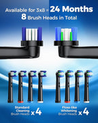 Rotating Electric Toothbrush for Adults with 8 Brush Heads (2 Types), 4 Modes Deep Clean Electric Toothbrush with Rechargeable Power and 2 Min Smart Timer, Fast Charge (Black)