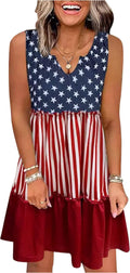 American Flag Star Vertical Striped Ruffled Mini Dress Women 4Th of July Patriotic Dresses Casual Tank Dress