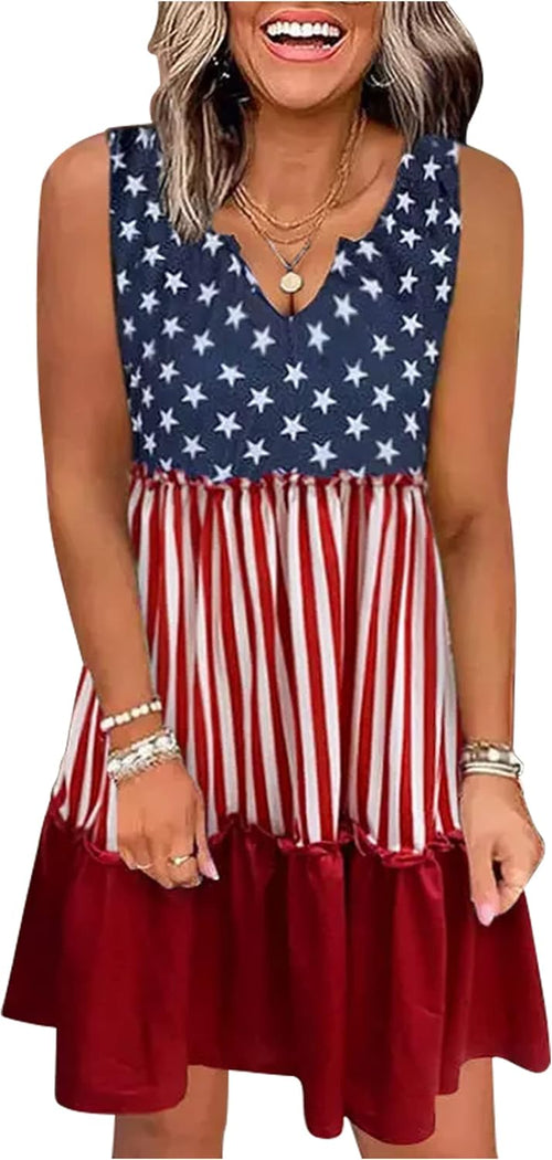 American Flag Star Vertical Striped Ruffled Mini Dress Women 4Th of July Patriotic Dresses Casual Tank Dress