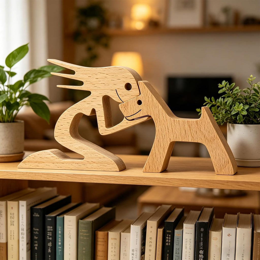 Wooden Sculpture Home Decor Women Men and Dog Statues, Friendship between Dog and Human Wood Crafts Statue Carving Ornaments for Bedroom Desktop Office Decoration (Girl and Dog)