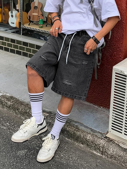 Baggy Jean Shorts Men, Y2K Jorts Cargo Ripped Elastic Waist, Mens Denim Shorts Comfy Casual Streetwear Summer