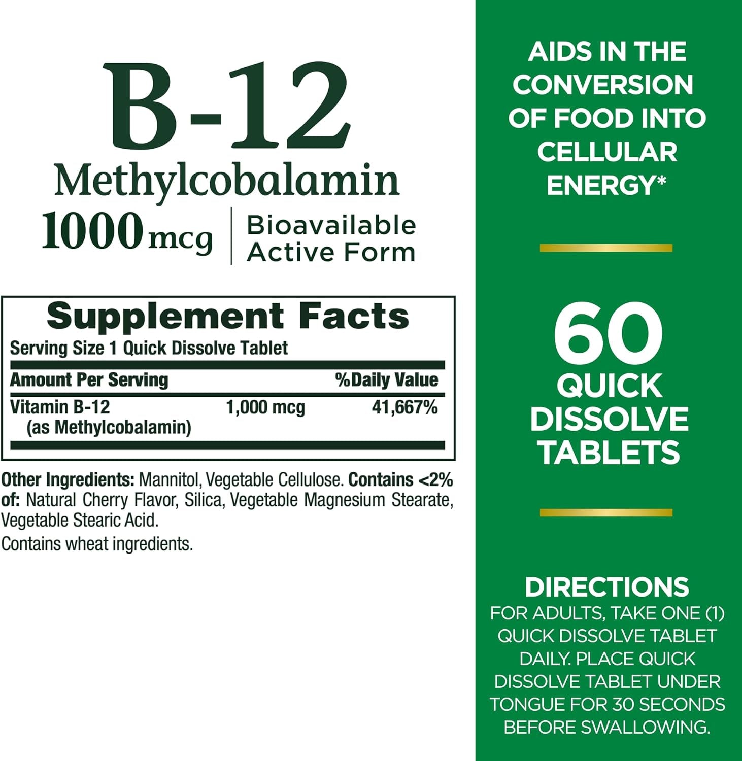 Vitamin B-12 Quick Dissolve Tablets, 1000Mcg, Aids in the Conversion of Food into Cellular Energy, Cherry Flavor, 60Ct