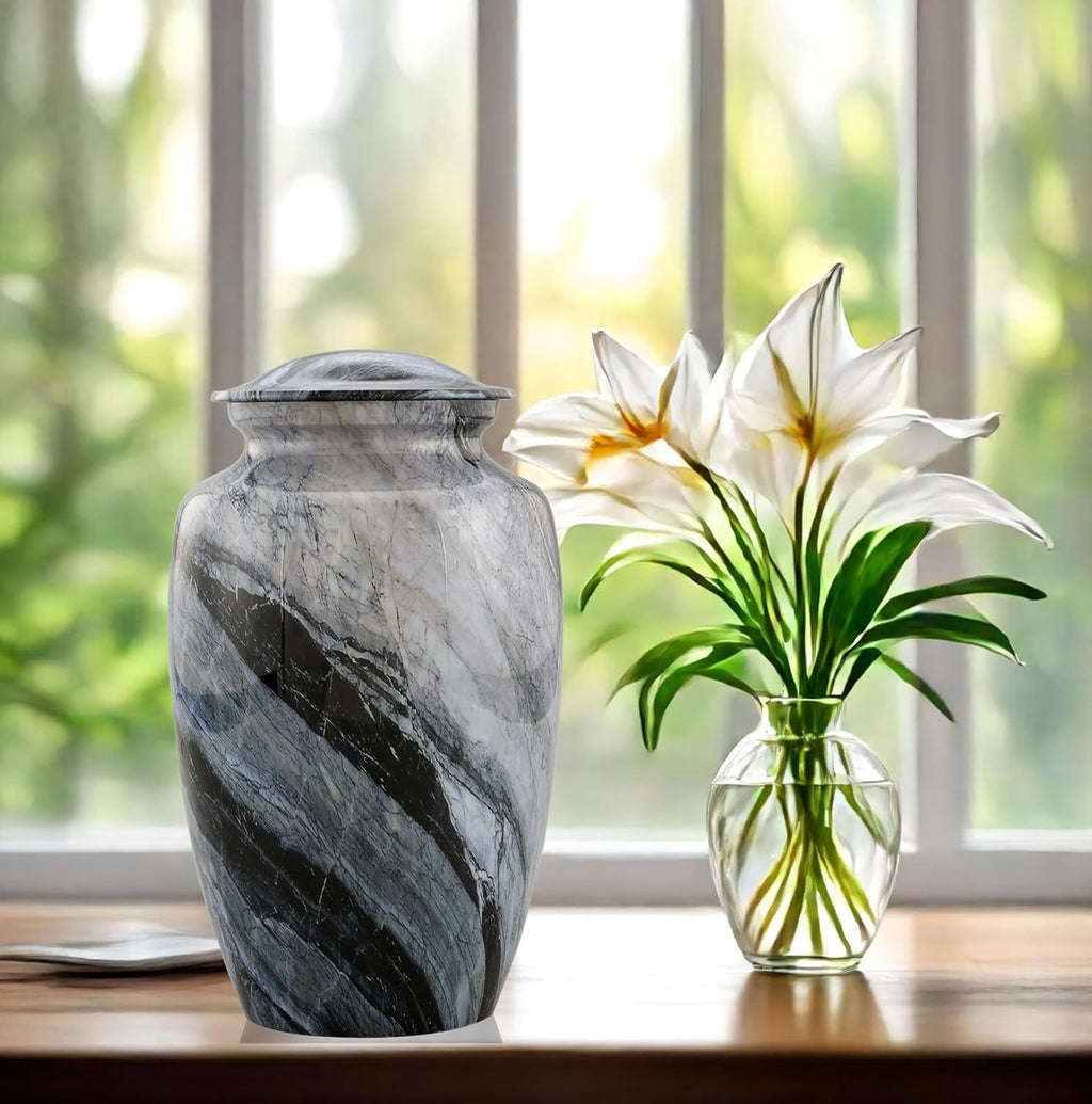 Memorial Cremation Urns for Human Ashes | Handcrafted Large Burial Marble Finish Adult Cremation Urn | Funeral Decorative Urns for Female & Male | 200 Lbs with Velvet Bag (Silver Wave)