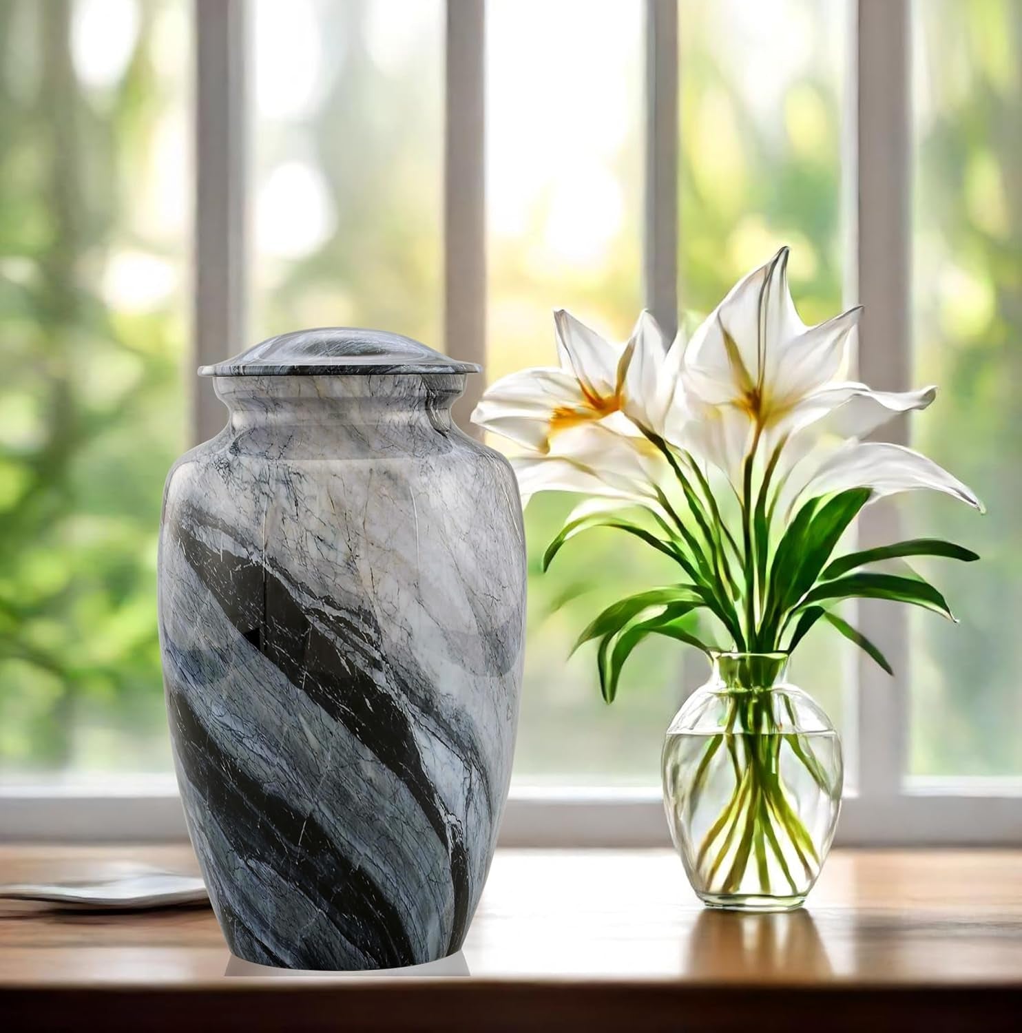 Memorial Cremation Urns for Human Ashes | Handcrafted Large Burial Marble Finish Adult Cremation Urn | Funeral Decorative Urns for Female & Male | 200 Lbs with Velvet Bag (Silver Wave)