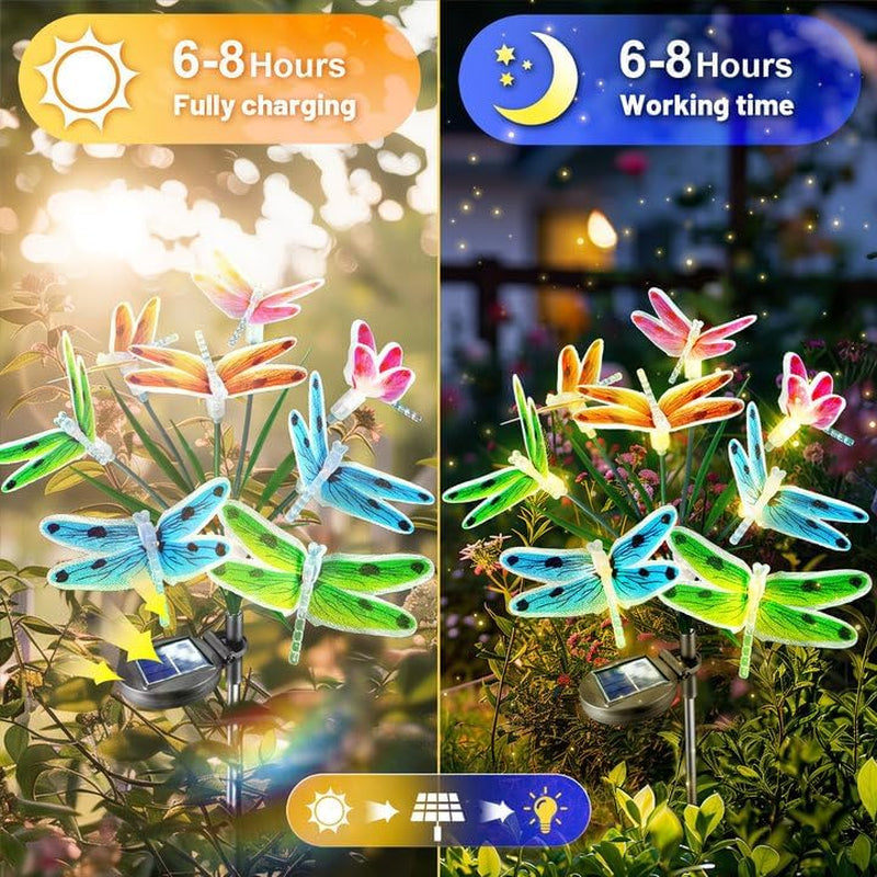 Solar Garden Lights Outdoor: 8 Removable Optical Fiber Dragonflies 2 Pack - Waterproof Fun Animal Decoration for Yard Patio Path - Gardening Gifts for Garden Lovers over 30