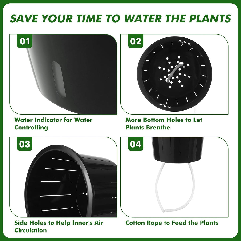 5 Inch Self Watering Pots for Indoor Plants, 6 Packs African Violet Pots with Indicator, Black Wick Pot with Drainage Holes, Self Watering Planters for Orchid, Devil'S Ivy, Grey