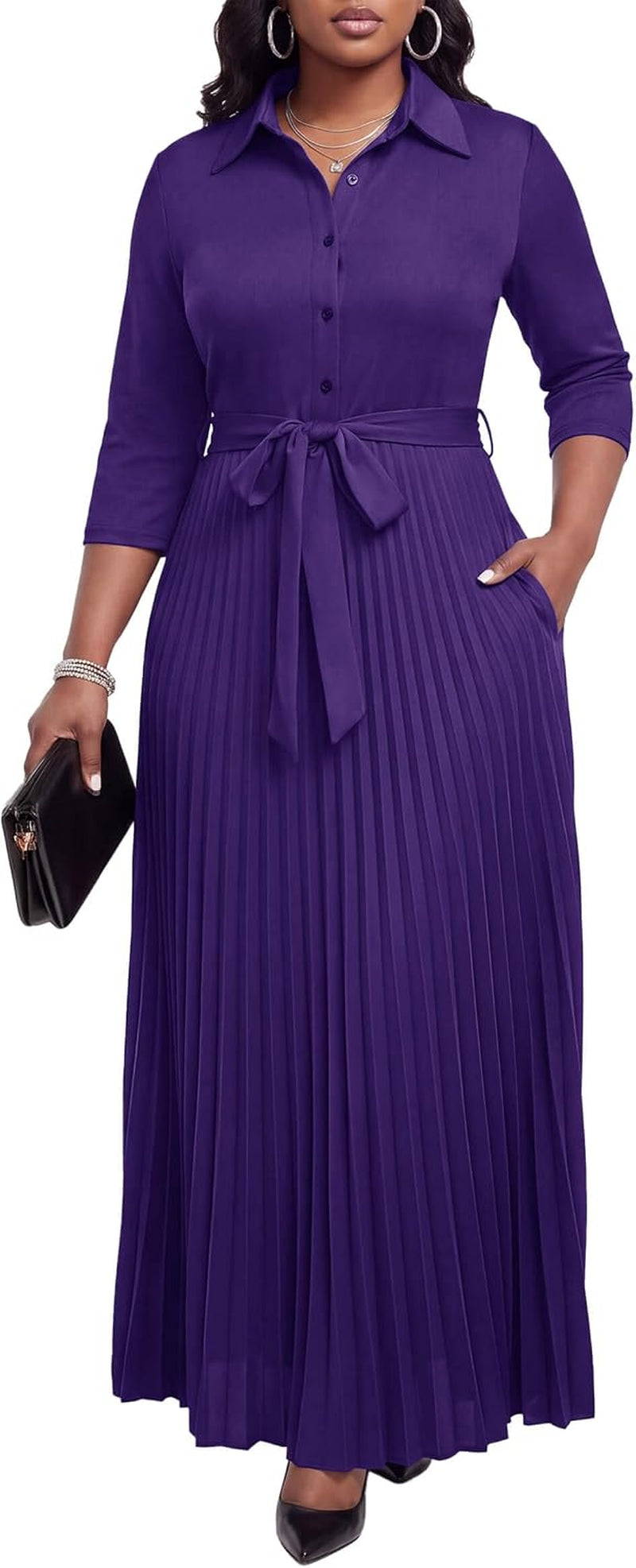 Womens Maxi Dress 3/4 Sleeve Button down Pleated Church Work Dress | Business Casual Lapel Neck Work Dress with Pockets/ Elegant Tie Waist Wedding Guest Dress with Belt/ Solid Color