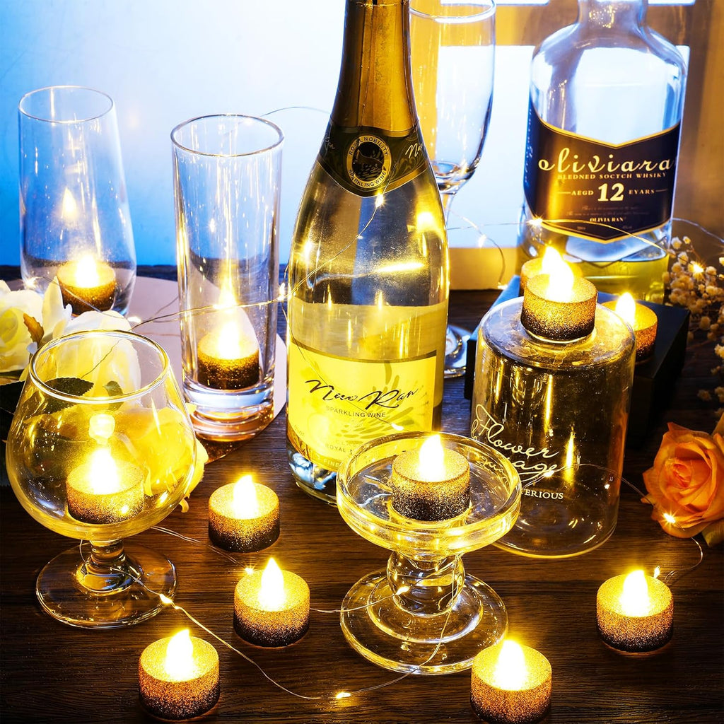 48 Pcs Flameless LED Tea Lights Gold Black Glitter Electric Fake Candles for Centerpieces Battery Operated Anniversary Decorations Romantic Winter Decor for Wedding Festival Christmas Birthday