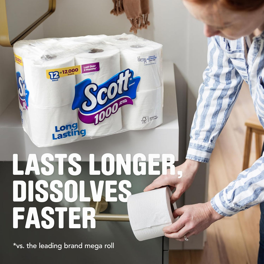 Scott 1000 Toilet Paper, 20 Regular Rolls, Septic-Safe, 1-Ply Toilet Tissue