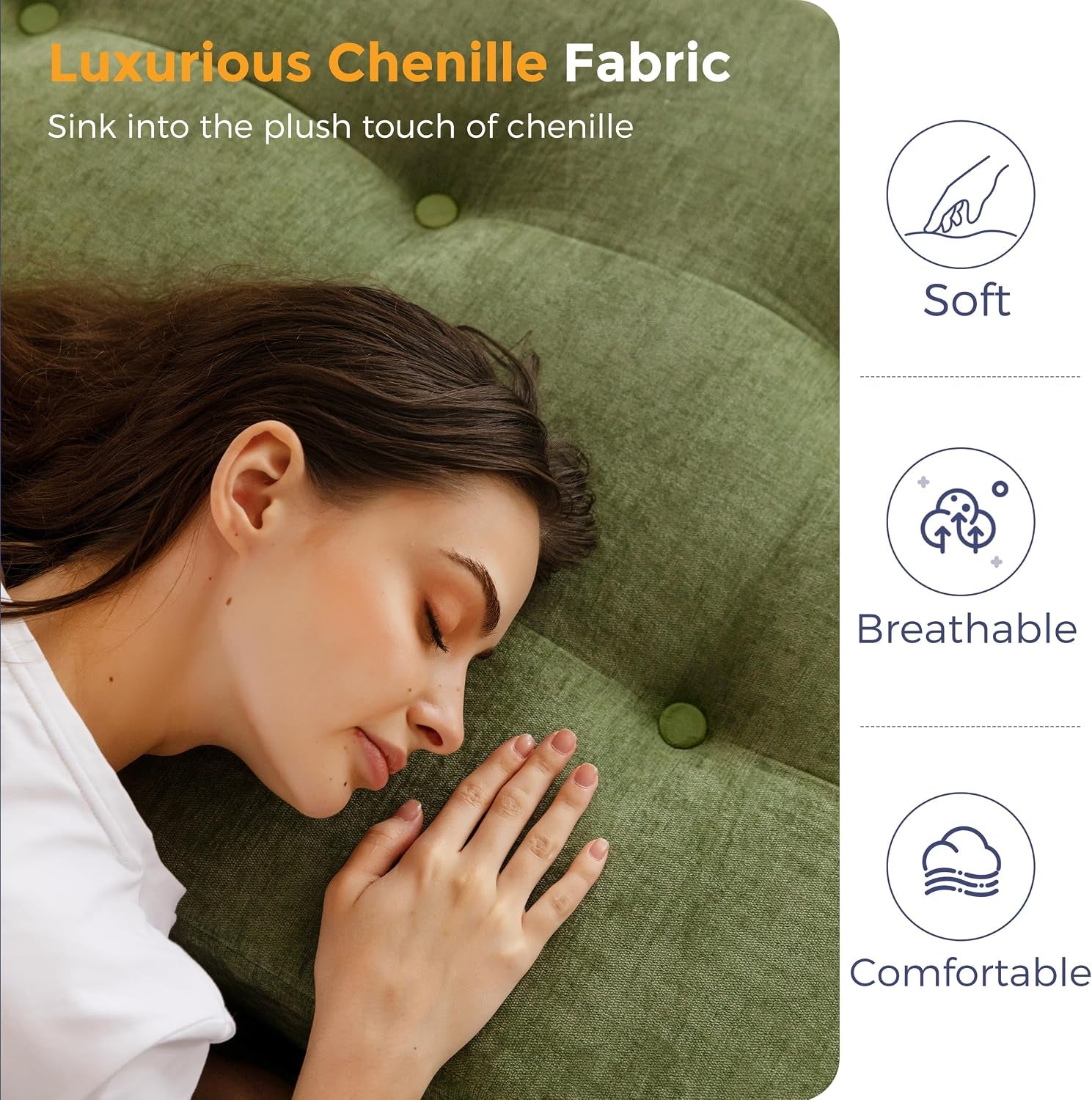 6" Folding Sofa Bed for Floor, Tufted Tri-Fold Floor Mattress with Chenille Fabric, Twin Size Portable Sofa Couch Guest Mat for Adults, Foldable Topper for Camping, Green, 35.4"X75"