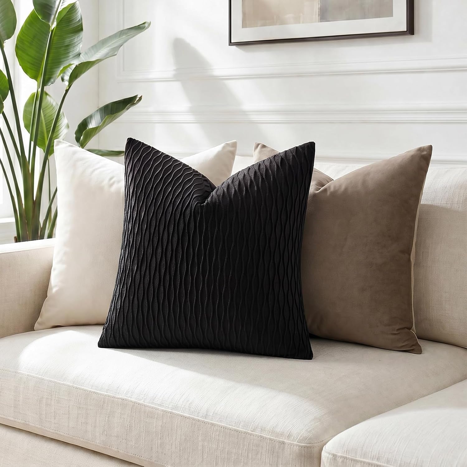Black Vertical Ripple Striped Decorative Pillow Covers: Pack of 2 22X22 Inch Velvet Square Throw Pillow Cases for Farmhouse Couch Sofa Bed Living Room Home Decor