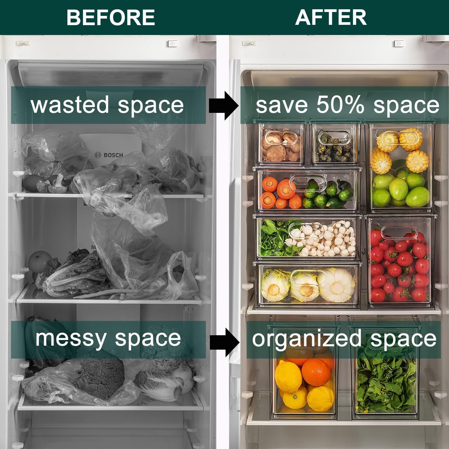 Fridge Drawers, 3-Pack Clear Stackable Pull Out Refrigerator Organizer Bins, Food Storage Containers for Kitchen, Freezer, Vanity & Fridge Organization and Storage (2 Small+1 Medium)