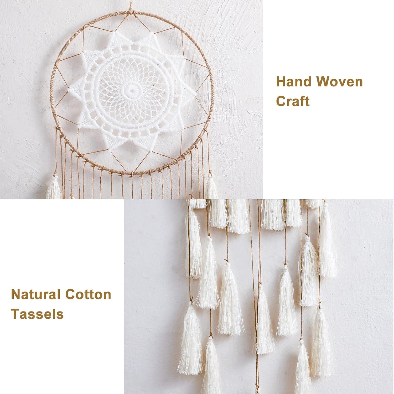 Macrame Dream Catcher Wall Hanging, Beige Large Boho Bedroom Decor | Handmade Tassel Feather Ornament, Natural Cotton, Modern Chic Living Room Nursery Art Decor, Blessing Gift for Women Girls