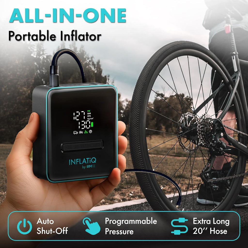 Inflatiq by  Portable Tire Inflator Air Compressor – Twice as Fast Qwikflow Technology with Auto Shut-Off – 11.1V Rechargeable Air Pump with Metal Gears and Premium Carry Case