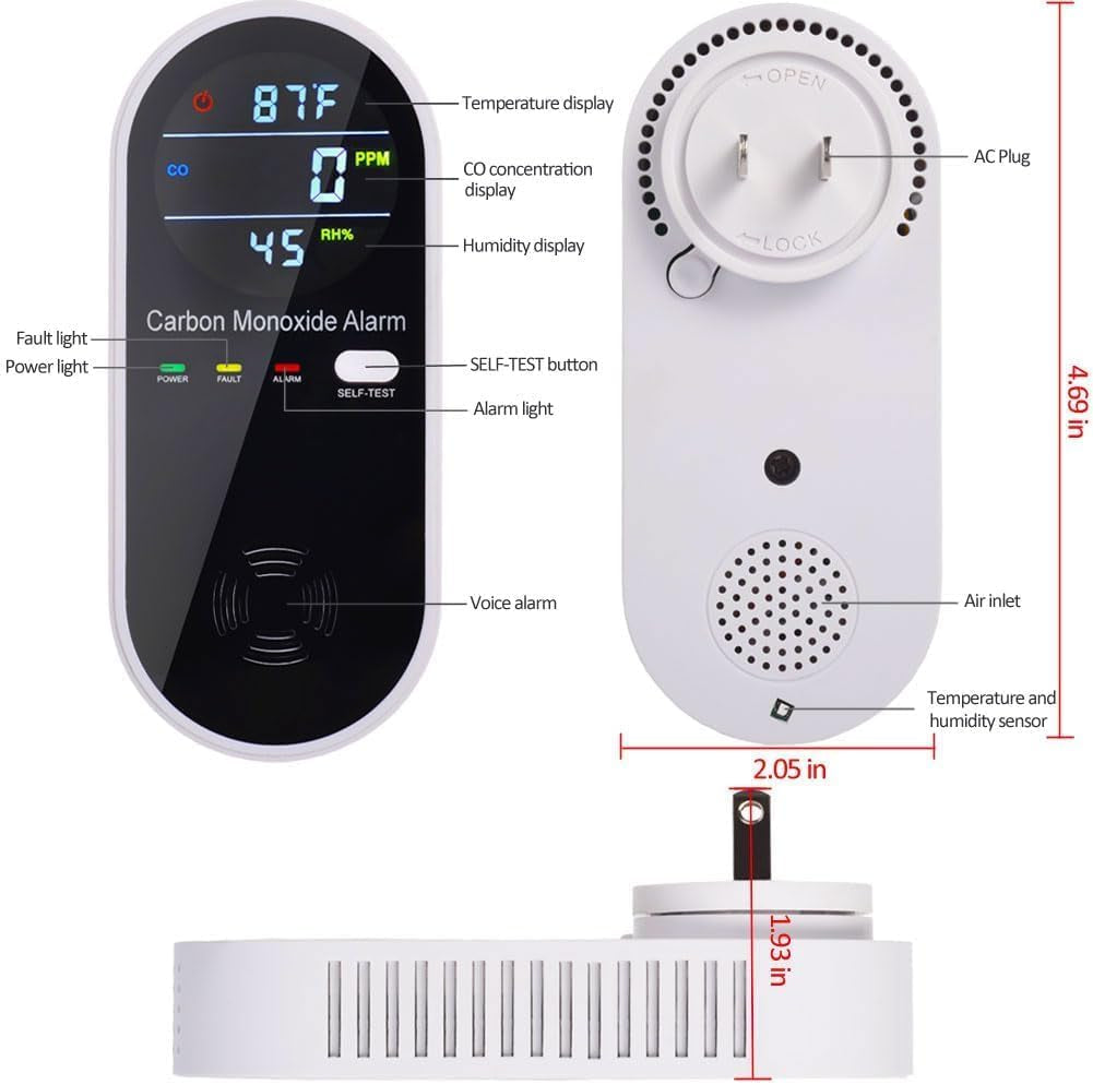 Carbon Monoxide Detector Plug in Wall,  Portable Carbon Monoxide Detector for Travel, 3-In-1 CO Detector for Home and Travel Camping(Co Gas Meter Temperature Humidity Sensor), KH106, Black