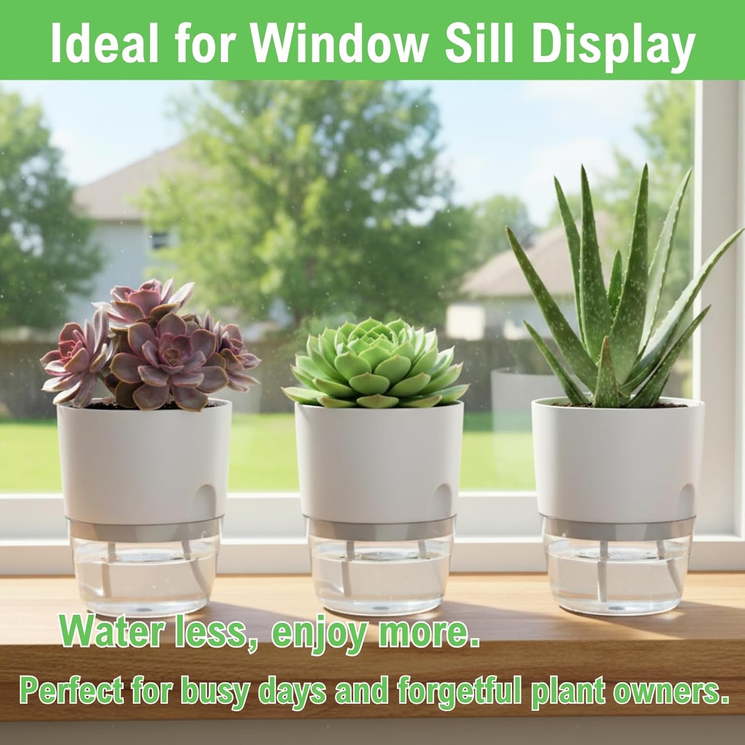 3.2 Inch Self Watering Planters 3 Pack Plastic Wicking Pots White | Modern Self-Watering Pots for African Violets Herbs and Small Plants Perfect for Windowsill Gardening