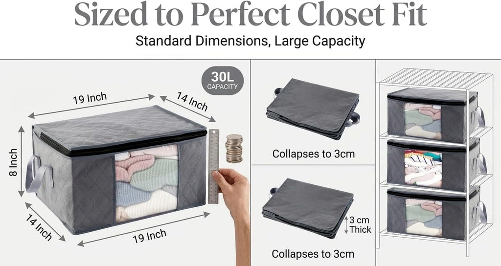 Storage Clothes Bins Closet Bags - 35L Containers Organizer Boxes Clothing Bin Organization for Organizing Blanket Pillow Sheet Sweater, Foldable Bedroom Small Storage Totes with Lids Zipper, 6Pc Pack