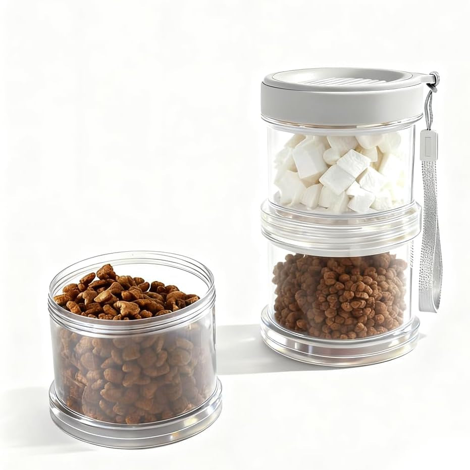 2025 Upgraded Airtight Dog Treat Container, Leak-Proof Stackable Pet Food Jar 2/3/4 Layers, Portable with Lanyard for Outdoor, Travel, Training & Home, Food-Grade PP (White)
