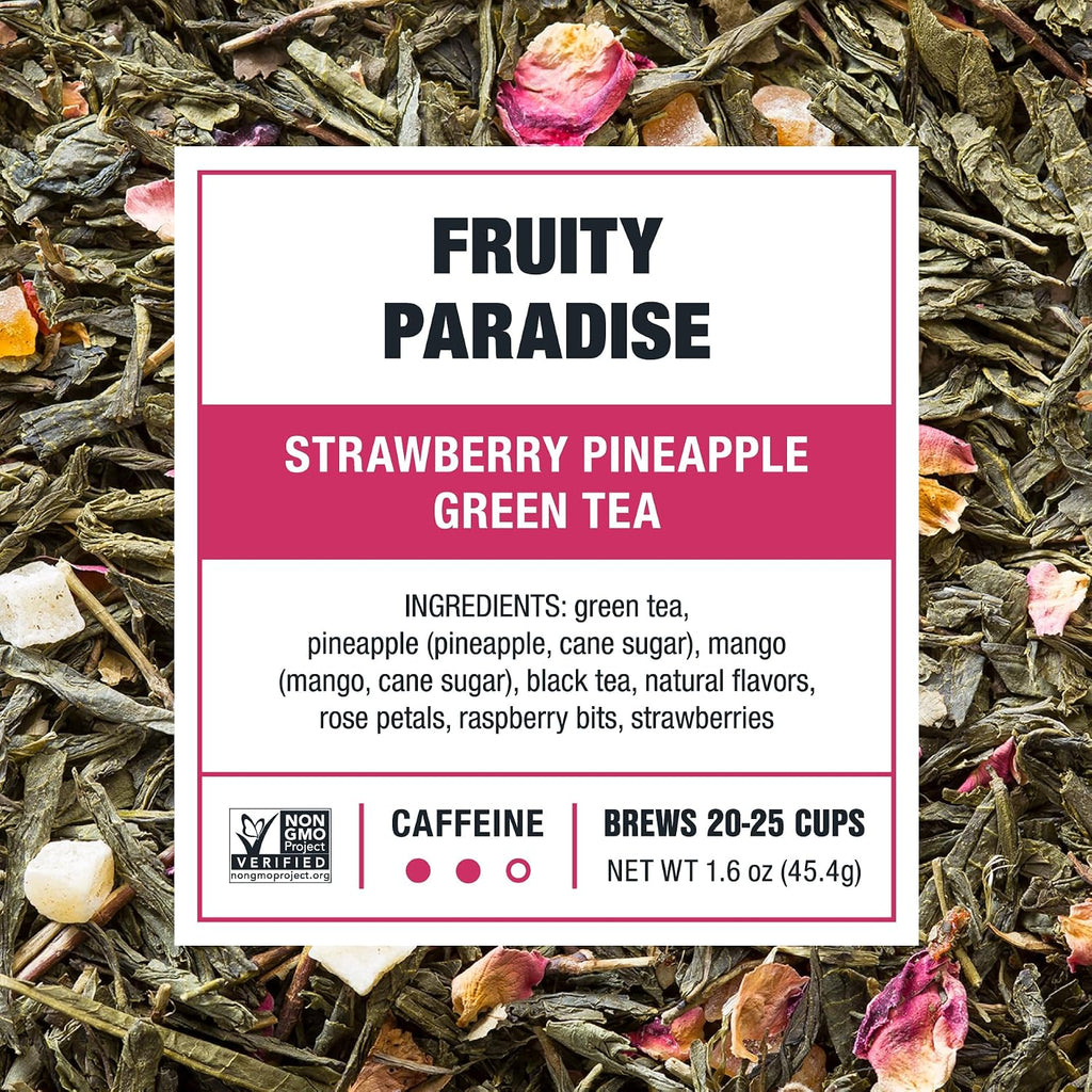 - Fruity Paradise, Strawberry Pineapple Green Tea | Premium Loose Leaf Blend, Tropical Fruit Flavor, Medium Caffeinated, Hot or Iced, 20-25 Cups, 9.6Oz Resealable Pouch