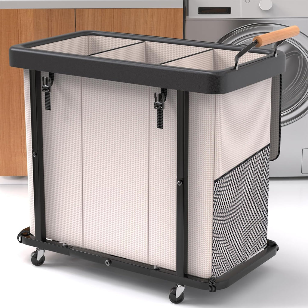 Laundry Hamper 3 Section,230L (60Gal) Rolling Dirty Clothes Hamper White | Laundry Basket with Wheels & Lid,Laundry Organizer Storage Cart with Metal Frame and Wooden Handle for Laundry Room, Hotel