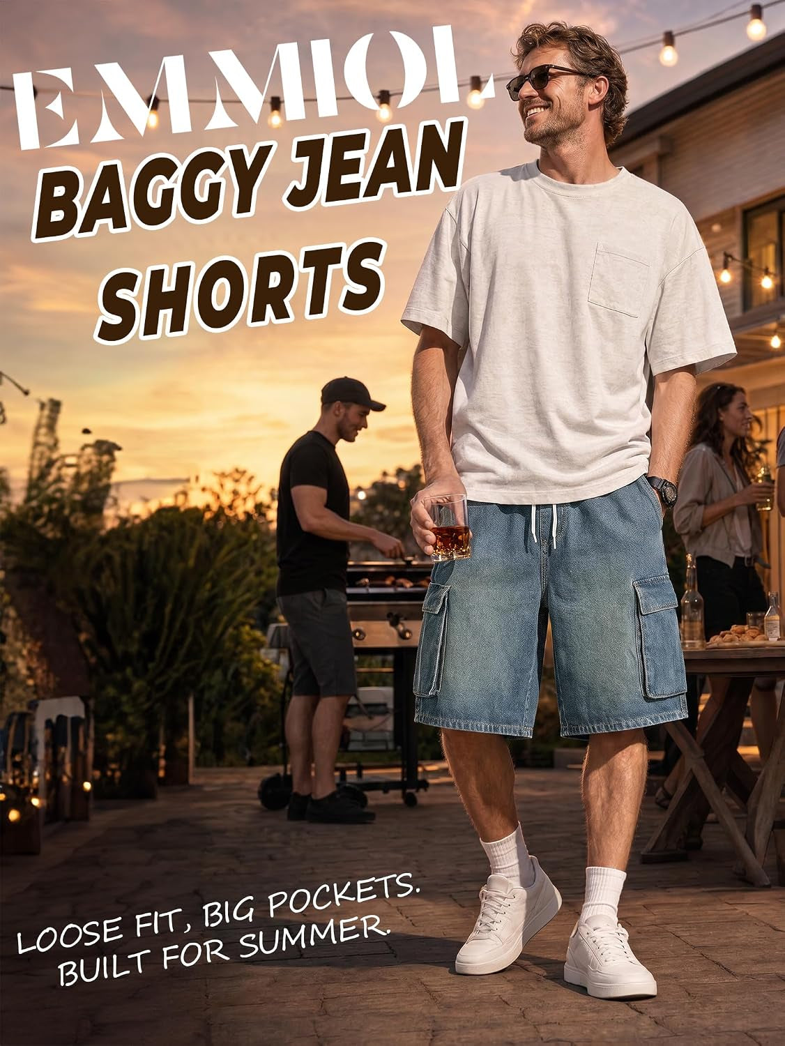 Baggy Jean Shorts Men, Y2K Jorts Cargo Ripped Elastic Waist, Mens Denim Shorts Comfy Casual Streetwear Summer