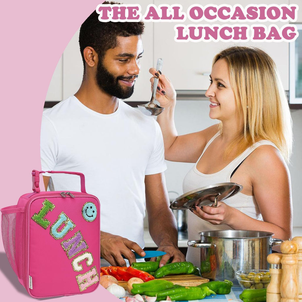Lunch Box Insulated Soft Bag Mini Cooler Back to School Thermal Meal Tote Kit with Buckle and Mesh Side Pocket for Girls, Boys, Roseredwithletter