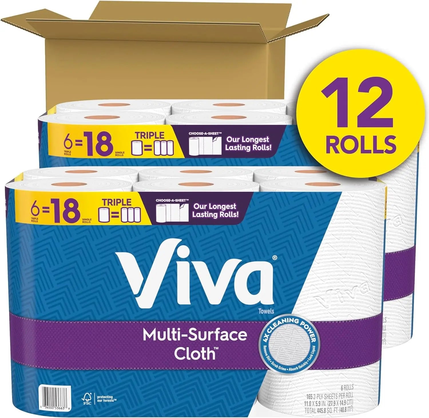 Multi-Surface Cloth Paper Towels, 12 Triple Rolls, 165 Sheets per Roll (2 Packs of 6)