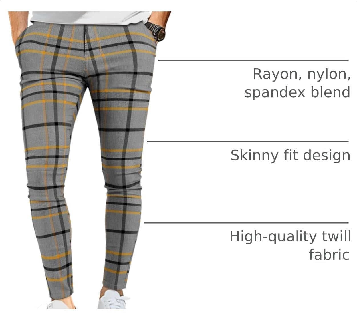 Mens Chinos Pants Slim Fit Stretch Plaid Dress