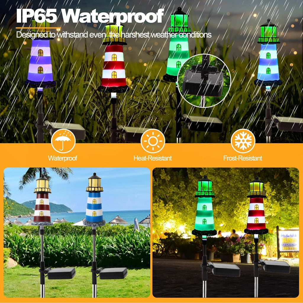2 Pack Solar Lighthouse Lights, IP65 Waterproof Outdoor Pathway Stake Lights, Auto Dusk to Dawn Solar Powered Nautical Landscape Decor Lights for Lawn, Flower Bed, Patio, Walkway