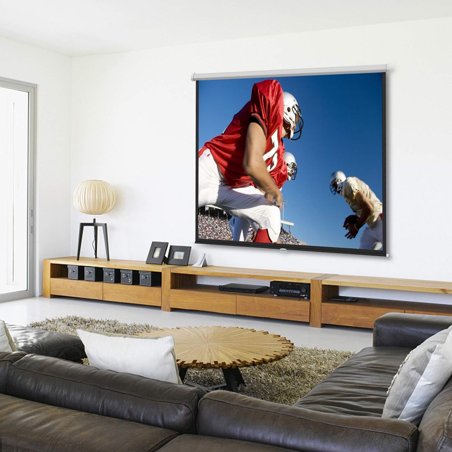 100 Inch Projector Screen Pull Down, 16:9 HD Retractable Rising Projector Screen with Auto-Locking, Manual Movie Projector Screen for Indoor Outdoor Home Theater Office Movies - PSMS1