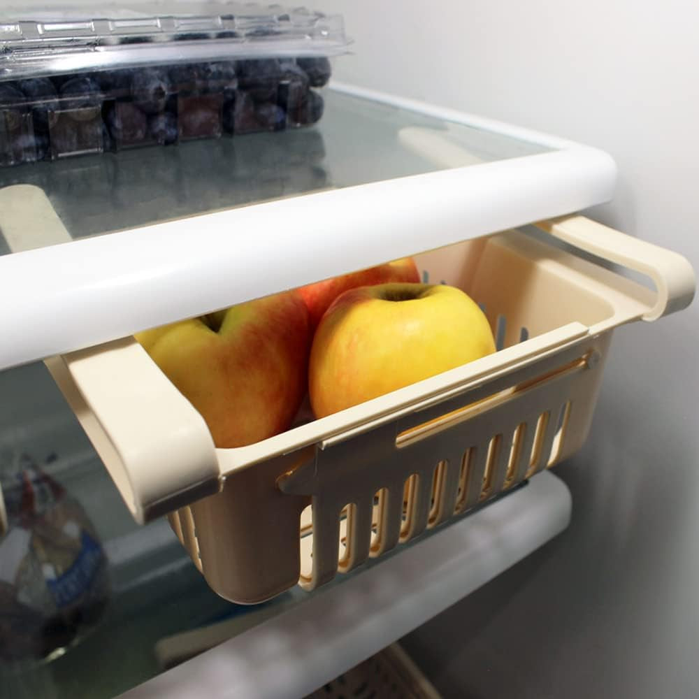 Adjustable Drawer for Fridge Kitchen Organizer Adjustable Kitchen Refrigerator Storage Rack Fridge Freezer Shelf Holder Pull-Out Drawer Space 2 Color (White/Cream) (White)