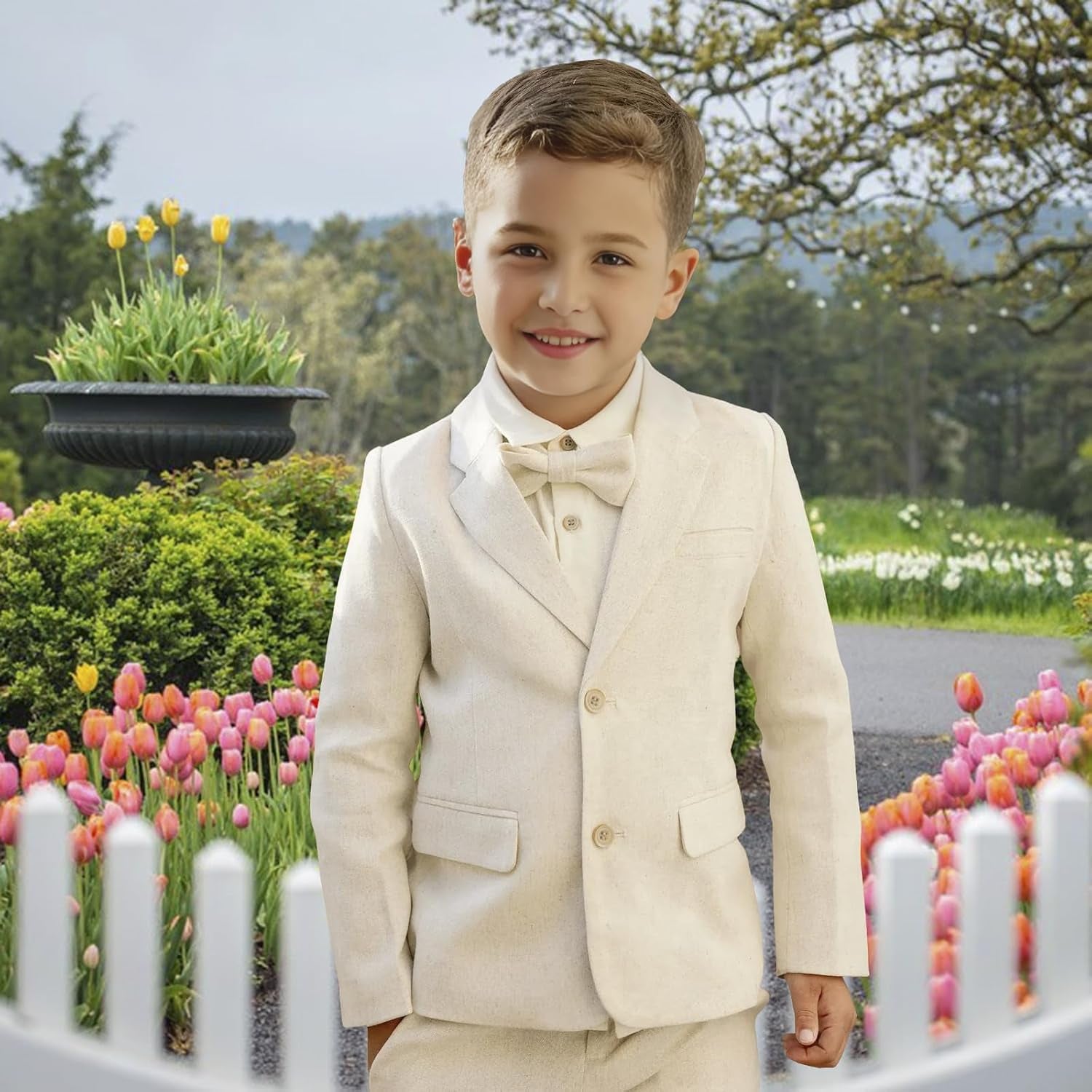 Linen Boys Suit Beach Wedding Suit Summer Slim Fit 2 Pieces Kids Light Weight Linen Suit Jacket Vest Pant White