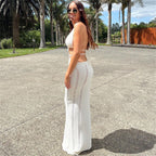 Women Sexy Crochet Maxi Dress Cut Out Halter V Neck Backless Knit Bodycon Long Dress Summer Beach Evening Party Dresses